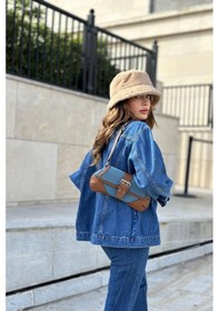 Resim Kadın Mavi Apaş Yaka, Çift Cepli, Kaliteli Jeans Kumaş, Salaş Kot Ceket Mavi 