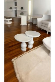 Resim Simillo Home&Living WOOD Wooden Ahşap 2'li Set Fitilli Mantar Yan Sehpa Modern Beyaz Renk Fiskos 