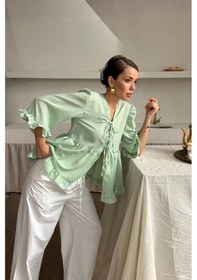 Resim Ge Ticaret Keten Bluz Önden Bağlamalı Fırfır Detaylı - Yeşil Yeşil 