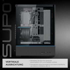 Resim Lian Li SUP-01X bilgisayar kasası, üçlü soğutma odası tasarımı, 400 mm GPU serbest alan, 360 mm'ye kadar radyatörleri destekler, ÜÇ önceden yüklenmiş 120 mm fan, çelik, sertleştirilmiş cam, siyah 