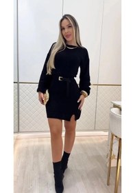 Resim Defymoda Kadın Uzun Kollu Yuvarlak Yakalı Kısa Triko Elbise Siyah 