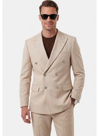 Resim Deep Sea Deepsea Erkek Bej Slim Fit Kruvaze Takım Elbise Likralı Çizgili Dokulu Metal Düğmeli 2600820 