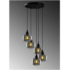 Resim Opvik Özel Salon - Mutfak - Yatak Odası Siyah Renk Füme Camlı Sarkıt 5 Li Avize Diğer 