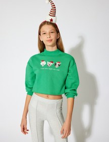 Resim Koton Sweatshirt Uzun Kollu Dik Yaka Yılbaşı Temalı Baskı Detaylı Pamuklu Yeşil 5wkg10545ak Koyu Yeşil 