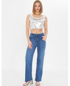 Resim Kutaf Mavi Yüksek Bel Kar Yıkama Likralı Geniş Paça Palazzo Jeans Mavi 