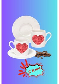 Resim Sevgililer Günü Kalpli Love Baskılı 2 Li Türk Kahvesi Fincanı Hediye Seti Beyaz 