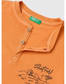 Resim United Colors Of Benetton Erkek Çocuk Turuncu Baskı Detaylı Düğmeli Yuvarlak Yaka T-shirt 6-14 Yaş -2853 