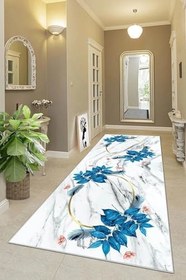 Resim Pelangi Mermer Desenli Yaprak Desenli Dijital Baskı Yıkanabilir Kaymaz Taban Salon Halı ve Yolluk, Mavi-Beyaz 100 x 350, 95546501003507 