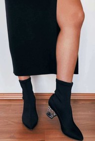 Resim La Vivien Kadın Siyah Şeffaf Topuklu Çorap Çizme Kısa Çizme 