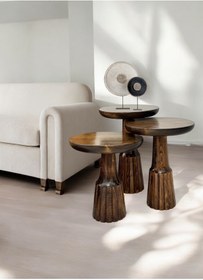 Resim AYLESA Doğal Ahşap 3’lü Set Mantar Yan Sehpa Modern Ceviz Renk Fiskos Zigon Çiçeklik 