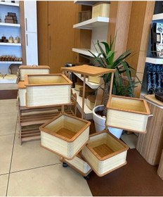 Resim Ahşap Kare Sebzelik 5 Katlı Yana Açılır Patates Soğan Tekerlekli Sebzelik Krem 