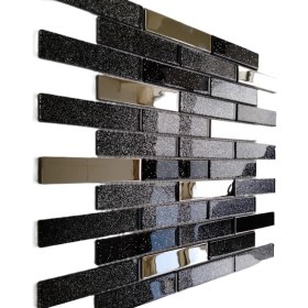 Resim MozaiKristaL Mutfak Tezgah Arası ve Iç Dekorasyon Için 23X98X4 mm Simli Siyah ve Gümüş Krom Mix. Kristal Cam Mozaik 