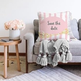 Resim RealHomes Çift Taraflı Pembe Zeminde Save The Date Motifli Çocuk Odası Raşel Örme Yastık Kırlent Kılıfı, Sonil-K-4823-55x55cm 