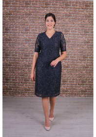 Resim Nidya Moda Büyük Beden Kadın Gri Dantel Elbise-4161G Gri 