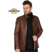 Resim Hakiki Kuzu Derisi Kahverengi Erkek Deri Mont İşlemeli Fermuarlı Ceket Kahverengi 