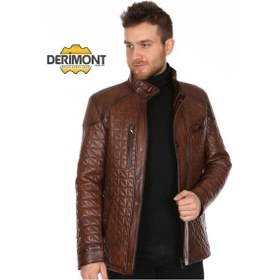 Resim Hakiki Kuzu Derisi Kahverengi Erkek Deri Mont İşlemeli Fermuarlı Ceket Kahverengi 