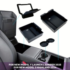 Resim Tesla Yeni Model Y LAUNCH JUNIPER 2025 ve MODEL 3 HIGHLAND 2024-2025 Modelleri için Merkezi Konsol Kol Dayama Depolama Kutusu Seti, 4 Parça Kiti: İçerir 1 Ön Depolama Kutusu, 1 Arka Depolama Kutusu, 1 Gizli Kol Dayama Bölmesi, 1 Bardak Tutucu Altlığı 