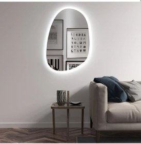 Resim 40x58 Cm Asimetrik Oval Led Banyo Aynası Dokunmatik Dim Edilebilir, 6500k Beyaz Işık Beyaz 