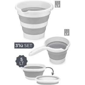 Resim Pratik Katlanabilir Kova ve Maşrapa Seti, 12LT, 5,2lt, 1,2lt Gri 