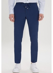 Resim AC&Co / Altınyıldız Classics Erkek Lacı Slim Fit Dar Kesim Beli Bağlamalı Yan Cep Gofre Desenli Pantolon Lacivert 