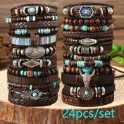 Resim 24 adet Retro Buffalo Head Turquoise Cowrie Ahşap Boncuk Bileklik Seti - Kahverengi Sahte Deri ile Yıldız ve Tüy Kolyeler, Arkadaşlar için İdeal Hediye, Günlük Durum, Dünya Günü, Anneler Günü, Kampüs Etkinliği, Her Gün Bileklik | Retro Tarzı Bileklik | Dayanıklı Sahte Deri Bileklik 