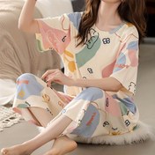 Resim Yeni Yaz Yuvarlak Yaka Kısa Kollu Yedi-Sekiz Pantolonlu Rahat Pijama Takımı, Kadınlar için Çiçekli-Renk Blok Ayı Baskılı Kayısı Ev Giysisi, Konforlu Uyku Kıyafeti 2 Parça Set 