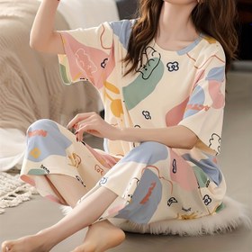 Resim Yeni Yaz Yuvarlak Yaka Kısa Kollu Yedi-Sekiz Pantolonlu Rahat Pijama Takımı, Kadınlar için Çiçekli-Renk Blok Ayı Baskılı Kayısı Ev Giysisi, Konforlu Uyku Kıyafeti 2 Parça Set 