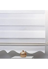 Resim Ekru Beyaz Geniş Pliseli Zebra Stor Güneşlik Perde Eteği Dilimli Alüminmyumkasa Metal Ayak Beyaz 