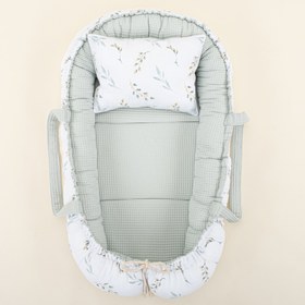 Resim Babynest ve Yastık - Çift Taraflı - Açık Yeşil Petek - Yapraklar 