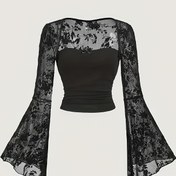 Resim Şık Siyah Dantel Camisole Üst, Kabarık Kollu ve Fiyonk Detaylı - Esnek Polyester-Spandeks Karışımı, Kısa Boy, Makinede Yıkanabilir, Her Mevsim İçin Uygun 