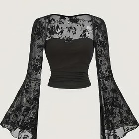 Resim Şık Siyah Dantel Camisole Üst, Kabarık Kollu ve Fiyonk Detaylı - Esnek Polyester-Spandeks Karışımı, Kısa Boy, Makinede Yıkanabilir, Her Mevsim İçin Uygun 