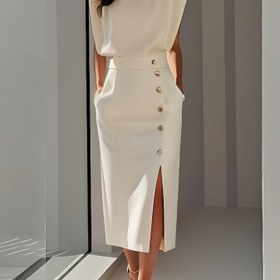 Resim Elegant Beige Midi Elbise Düğme Detayları ve Yüksek Yarık Etek - Kolsuz, Yuvarlak Yaka, Beli Sıkıla, Kadınlar İçin Akışkan Tasarım, Bahar/Yaz/Sonbahar İçin Mükemmel, Çok Yönlü Moda | Yuvarlak Yaka Elbise | Düğme Detayları, Sevimli Elbiseler 