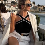 Resim Kadınların Şık Fransız Esintili Çapraz Sırt Kolsuz Üstü - Siyah ve Beyaz Kontrast Kenarlıklı, İnce Kesim Esnek Kumaş Bahar Yaz Sonbahar için, Günlük ve Resmi Giyim 