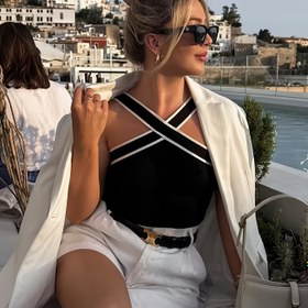 Resim Kadınların Şık Fransız Esintili Çapraz Sırt Kolsuz Üstü - Siyah ve Beyaz Kontrast Kenarlıklı, İnce Kesim Esnek Kumaş Bahar Yaz Sonbahar için, Günlük ve Resmi Giyim 