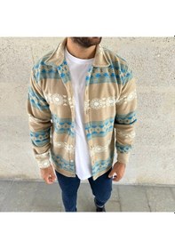 Resim Erkek Desenli Polar Gömlek - Etnik Şerit Desen Yakalı, Uzun Kollu, Düğmeli, Oversize Rahat Kalıp - Sarı Çok Renkli 