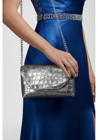 Resim Uzun Askılı Kroko Dokulu Kadın Clutch Çapraz Çanta Gümüş 
