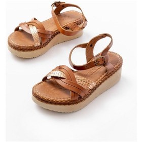 Resim 730-037 Taba Ayna Hakiki Deri Ortopedik Taban Kadın Sandalet Altın - Taba 
