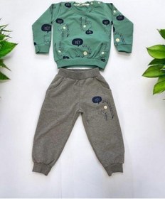 Resim Erkek Bebek Dinazor Baskılı Pamuklu Eşofman Takım-15176 Yesil 