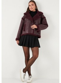 Resim Lela Oversize Kruvaze Yaka Peluş Detaylı Suni Deri Biker Ceket Bayan Mont 6810247 Bordo 