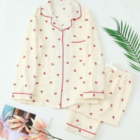 Resim 1 Set Kadın Çilek Baskılı Pijama Seti, Casual Stil Polyester Uyku Giysileri, Düğmeli Detaylı Uzun Kollu Yaka Üst ve Uzun Pantolon, Tüm Mevsimler İçin Düğmeli Ön Lounge Takımı 