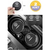 Resim Volkswagen Passat Siyah Karbon Bardak Altlığı Volkswagen Logolu Passat Yazılı Dayanıklı 7 Cm Tasarımı 2 Adet 2 Adet 
