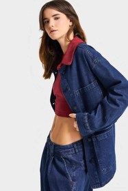 Resim Kadın Koyu Mavi Renk 1w5-149 Oversize Yaka Detaylı Bol Kesim Özel Tasarım Denim Ceket - Koyu Mavi / M 