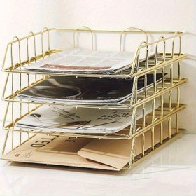 Resim Sağlam Metal Üst Üste Dizilebilir Organizatör - Altın Renkli, Alan Tasarrufu Sağlayan Dikey Tasarım, Ofis, Ev ve Kütüphane için Dayanıklı Açık Izgara Yapı - Masa Organizatörü, Dosya Saklama, Belge Tutucu - Modern Metalik Kaplama Çalışma Rafı, Cilalı Metal Yüzey 