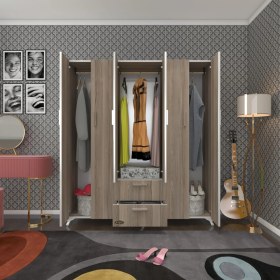 Resim Kenzlife gardırop 6 kapaklı kapılı 2 çekmeceli glayör 168*150*42 crd ayaklı gardolap dolap 