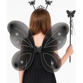 Resim Alvo Store Siyah Kelebek Kız Seti – 50 cm Kelebek Kanadı, Taç ve Asa 