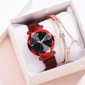 Resim Hanyang Kırmızı Lüks Yıldızlı Gökyüzü Paslanmaz Çelik Hasır Bilezik Saatler Kadınlar Için Set Kristal Analog Kuvars Saatı Bayanlar Elbise Saat Hediye (Yurt Dışından) 