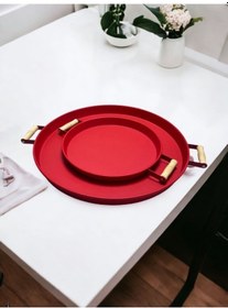 Resim 2'li Ahşap Kulplu 45 Cm Kırmızı Metal Tepsi Ve 37 Cm Kırmızı Kahve Sunum Tepsisi Kırmızı 