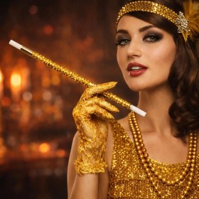 Resim Beruflic 30 cm Altın Gold Payetli Sigara Tutacağı - 1920’LER Gatsby Parti Aksesuarı 