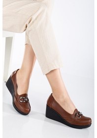 Resim Dilimler Ayakkabı Kadın Dolgu Topuklu Ayakkabı Taba Yüzlü Tokalı-3675 Taba 