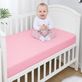 Resim Terletmez Shop %100 Pamuk Penye, Lastikli Full Kenar Bebek Çarşafı - Oeko-Tex Sertifikalı, Yumuşak ve Nefes Alabilir, Organik Pamuk, Anne Yanı, Çocuk Beşik Çarşafı (Pembe) 